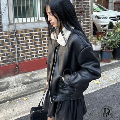 Ter fleece leather collar jacket