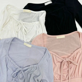 Ribbon shirring volume long sleeved T shirt