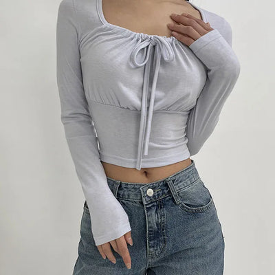 Ribbon shirring volume long sleeved T shirt