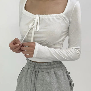Ribbon shirring volume long sleeved T shirt