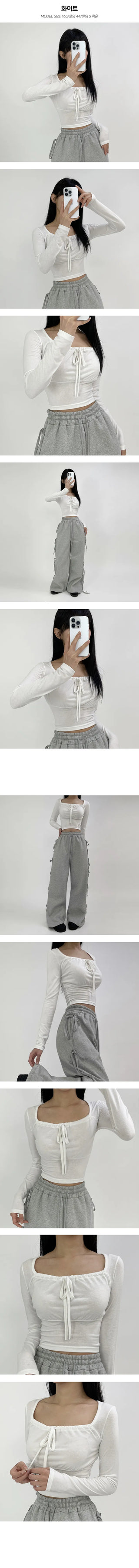 Ribbon shirring volume long sleeved T shirt