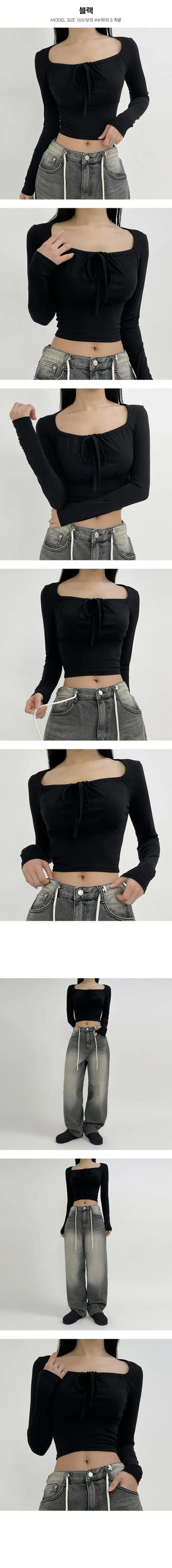 Ribbon shirring volume long sleeved T shirt