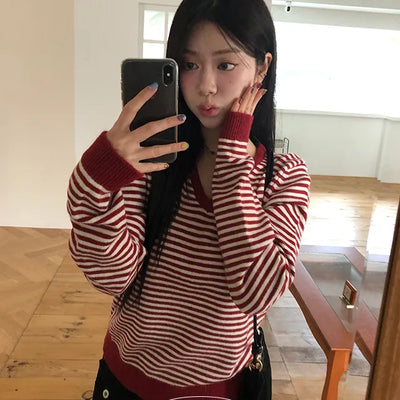 Loose Fit V-Neck Striped Knit Sweater