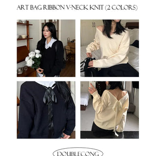 Art Back Ribbon V Neck Knit