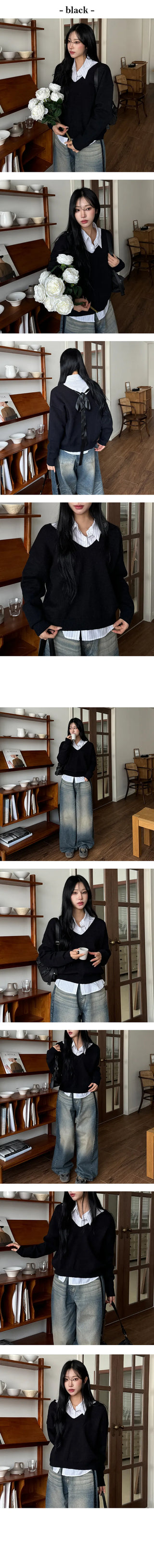 Art Back Ribbon V Neck Knit