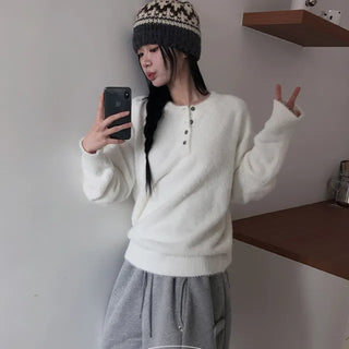 Hori Henley Neck Angora Cozy Loose Fit Knit