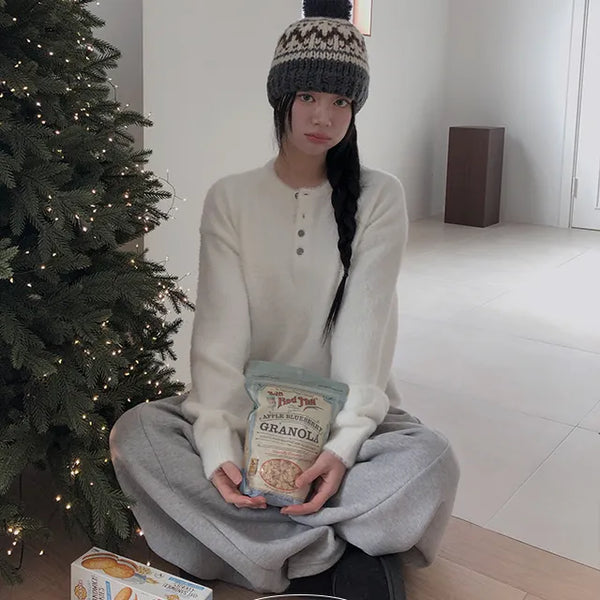 Hori Henley Neck Angora Cozy Loose Fit Knit