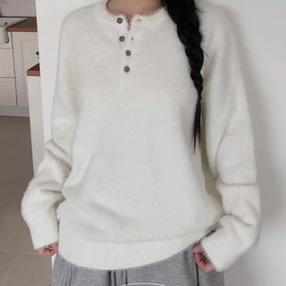 Hori Henley Neck Angora Cozy Loose Fit Knit