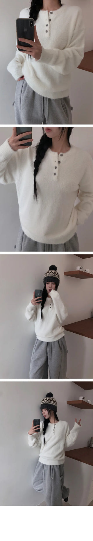 Hori Henley Neck Angora Cozy Loose Fit Knit