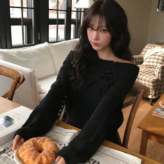 Tuha Loose Eyelet Ribbon Off Shoulder Knit