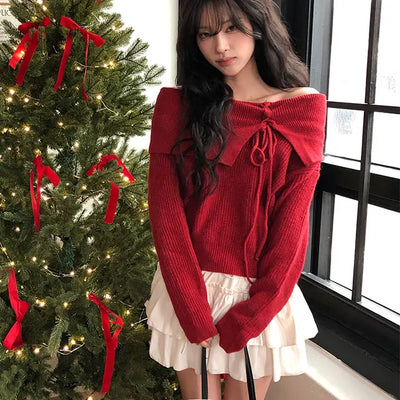 Tuha Loose Eyelet Ribbon Off Shoulder Knit