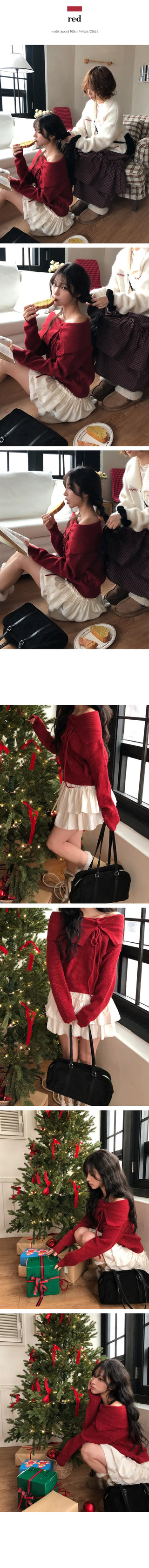 Tuha Loose Eyelet Ribbon Off Shoulder Knit