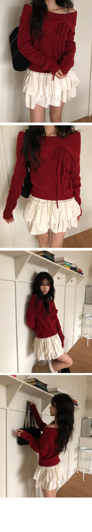 Tuha Loose Eyelet Ribbon Off Shoulder Knit