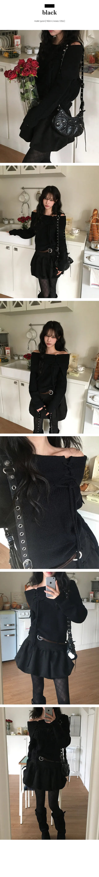 Tuha Loose Eyelet Ribbon Off Shoulder Knit