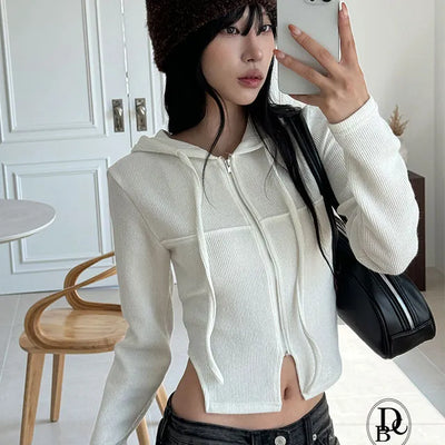 Waistline Cut Slim Hooded Zip Up
