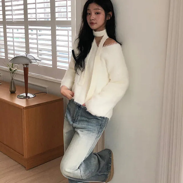 Sally Angora Muffler V Neck Knit