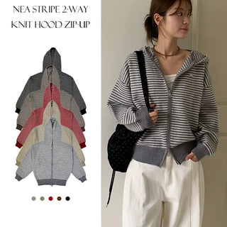 Nea Stripe Two Way Knit Hooded Zip Up