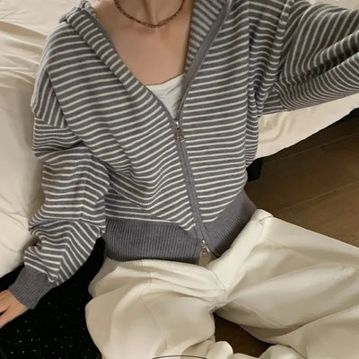 Nea Stripe Two Way Knit Hooded Zip Up