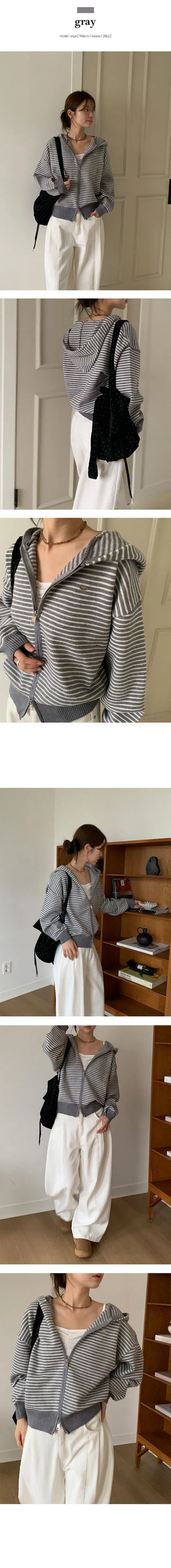 Nea Stripe Two Way Knit Hooded Zip Up