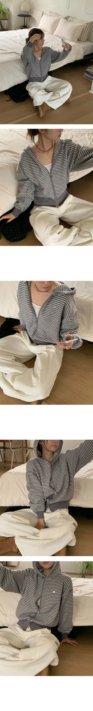 Nea Stripe Two Way Knit Hooded Zip Up