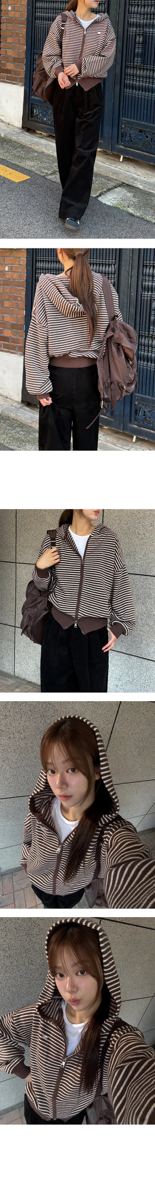 Nea Stripe Two Way Knit Hooded Zip Up