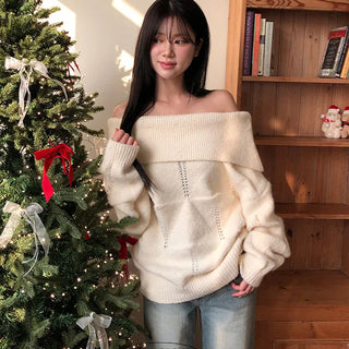 Kanida punching wool off shoulder knit