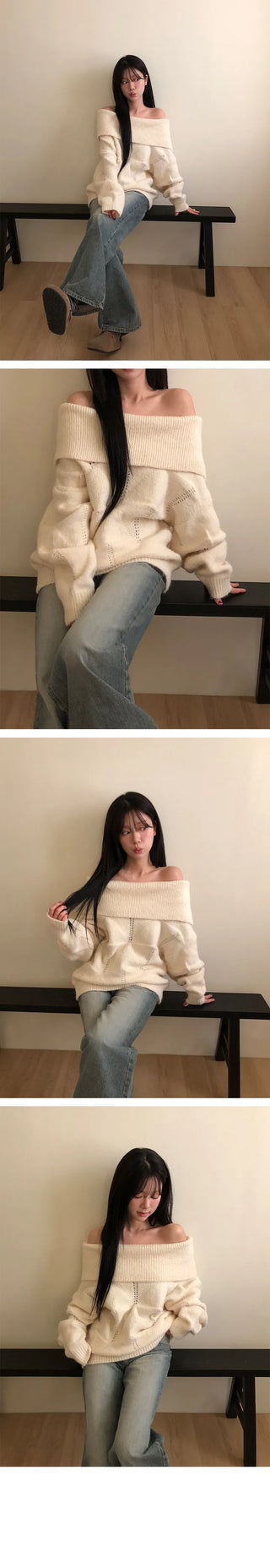 Kanida punching wool off shoulder knit