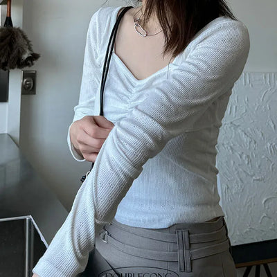 Front Shirring Eyelet Punching Long Sleeve T shirt