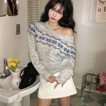 Popon Wool Snow Boat Neck Off Shoulder Knit