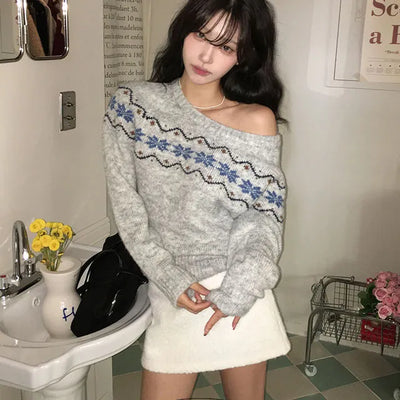 Popon Wool Snow Boat Neck Off Shoulder Knit