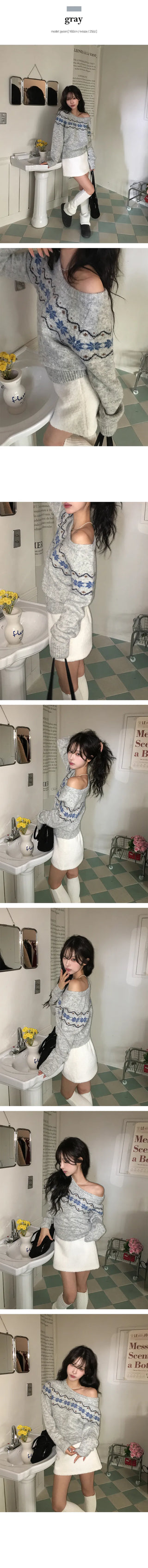 Popon Wool Snow Boat Neck Off Shoulder Knit