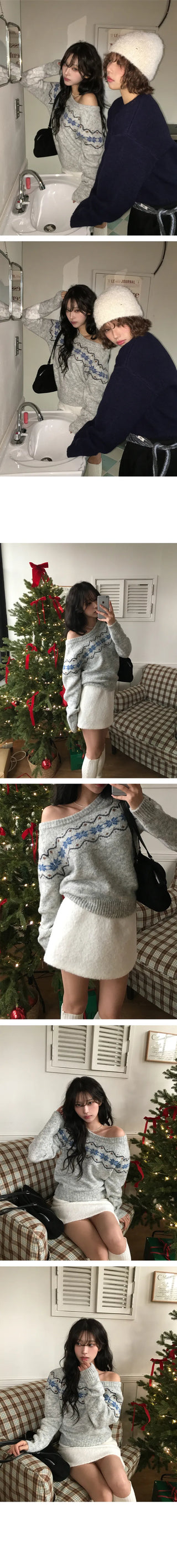 Popon Wool Snow Boat Neck Off Shoulder Knit