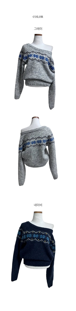Popon Wool Snow Boat Neck Off Shoulder Knit