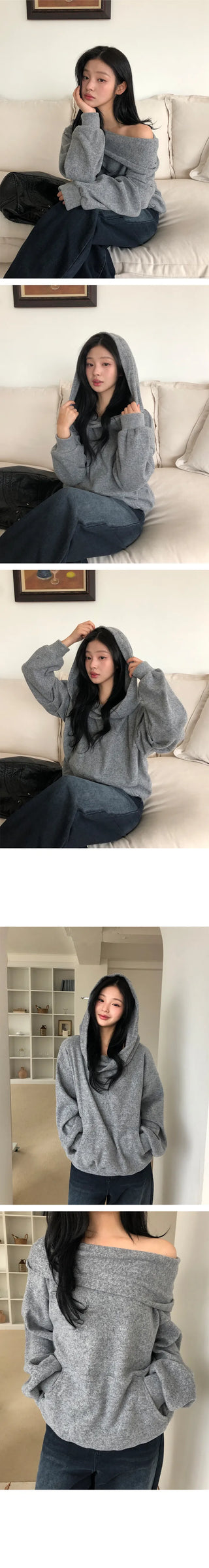 Poa fleece cowl neck hooded off shoulder