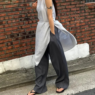 Two pin tuck wide long slacks