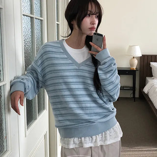 Pony Color Stripe Loose Fit V Neck Man to Man