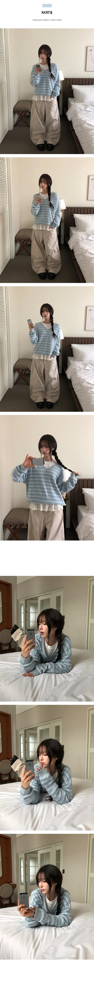 Pony Color Stripe Loose Fit V Neck Man to Man