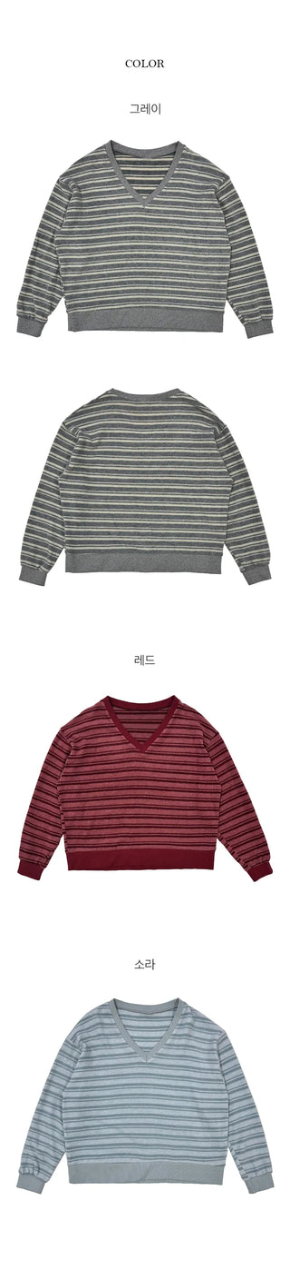 Pony Color Stripe Loose Fit V Neck Man to Man