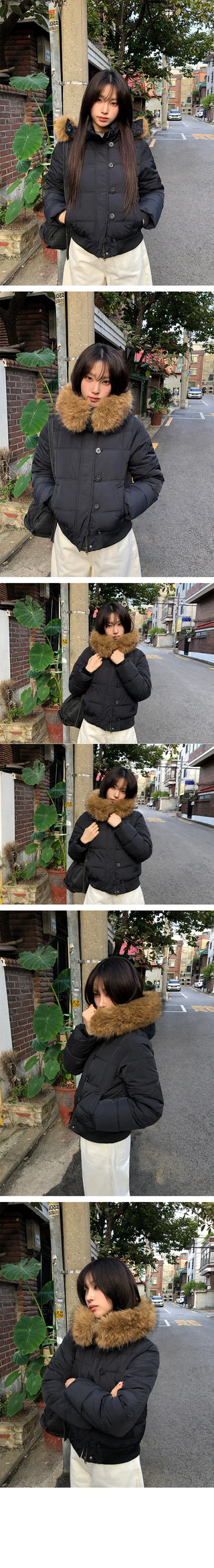 Cocoa Fur Button Hooded Padding