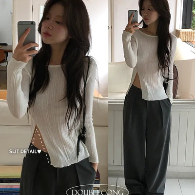 Side button slit one shoulder knit