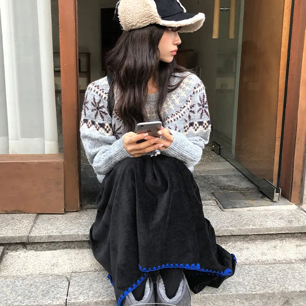 Lua Color-Block Velvet Suede Waistband Midi Skirt