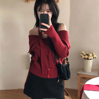Lije Wide Collar Off Shoulder Golji Knit Cardigan