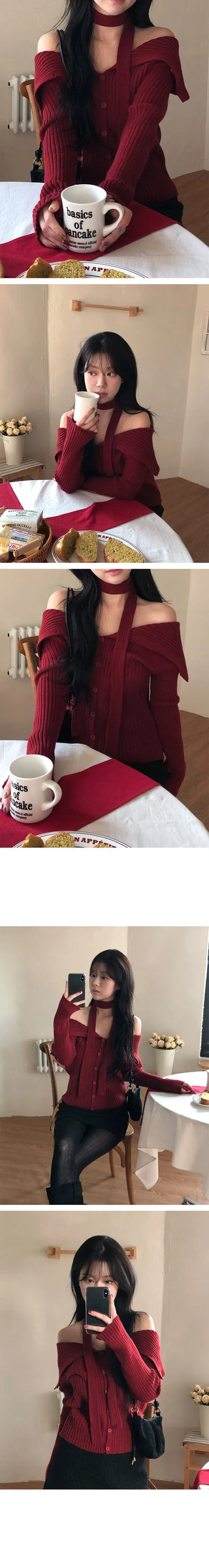 Lije Wide Collar Off Shoulder Golji Knit Cardigan