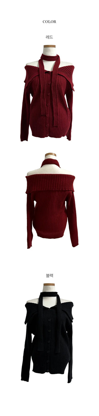 Lije Wide Collar Off Shoulder Golji Knit Cardigan