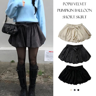 Popu Velvet Banding Pumpkin Balloon Short Skirt