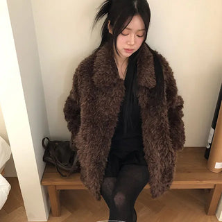 Kuma Single Button Collar Winter Teddy Fur Half Coat