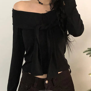 Ribbon Off-Shoulder Long Sleeve T-shirt