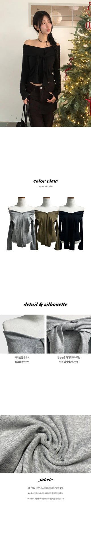 Ribbon Off-Shoulder Long Sleeve T-shirt