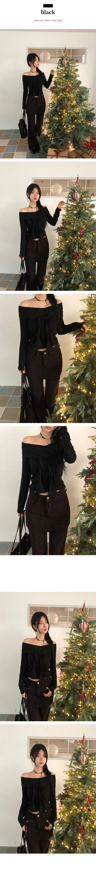 Ribbon Off-Shoulder Long Sleeve T-shirt