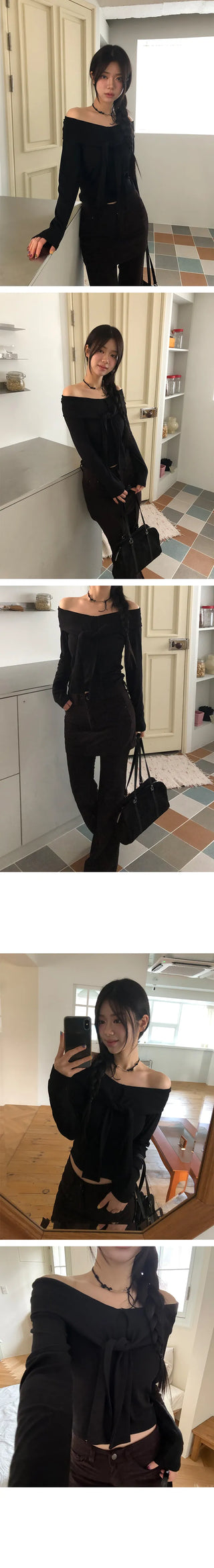 Ribbon Off-Shoulder Long Sleeve T-shirt